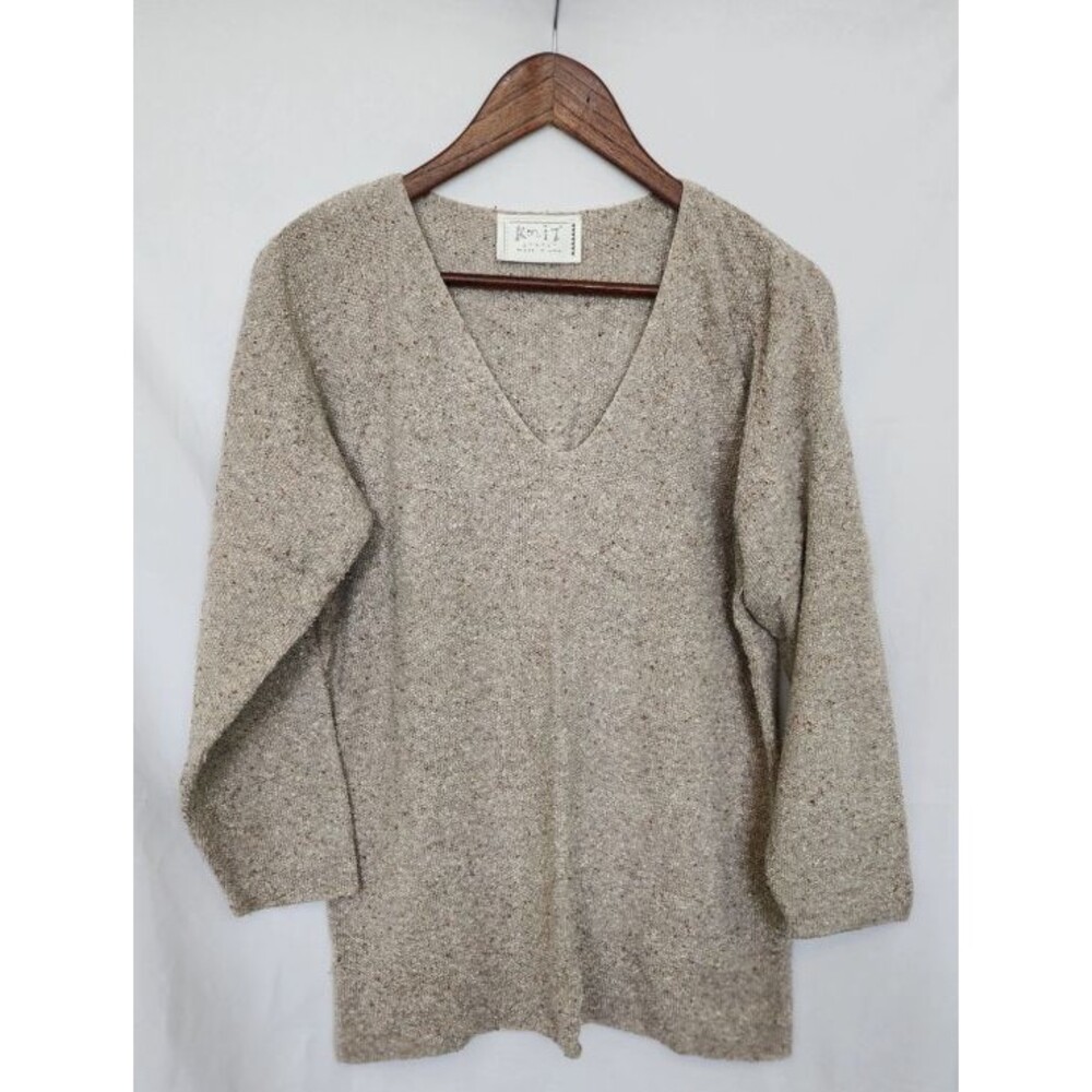 Vintage Knit Street Marled Sweater Womens Made In USA V-Neck Oatmeal Chunky - L
